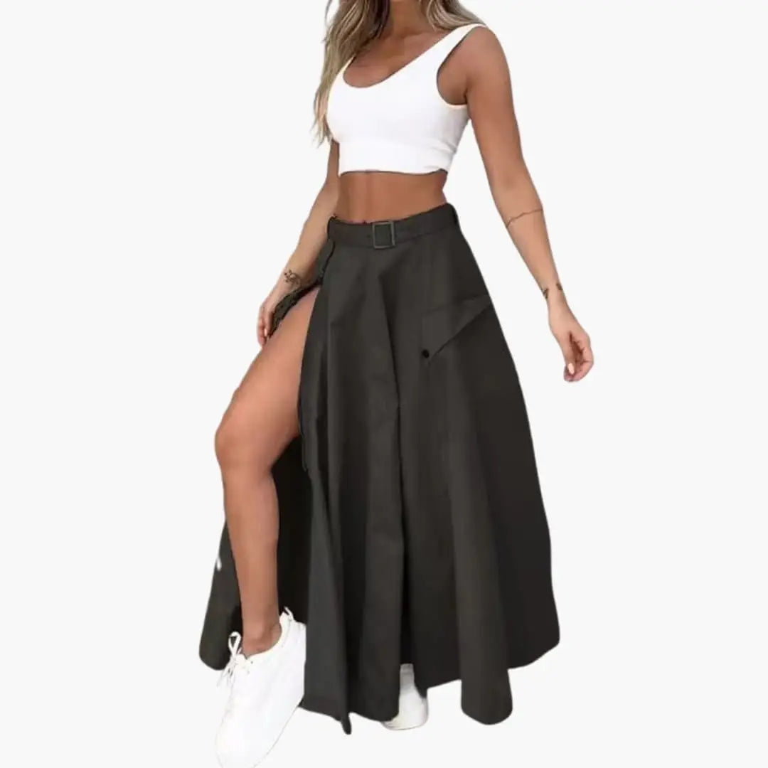 Women's Woven Maxi Skirt | Elegant High Slit Design with Side Pockets