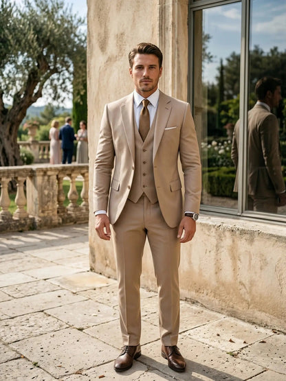 Men's Tailored Wool Blend Suit | Elegant Double-Breasted Three-Piece Formal Attire