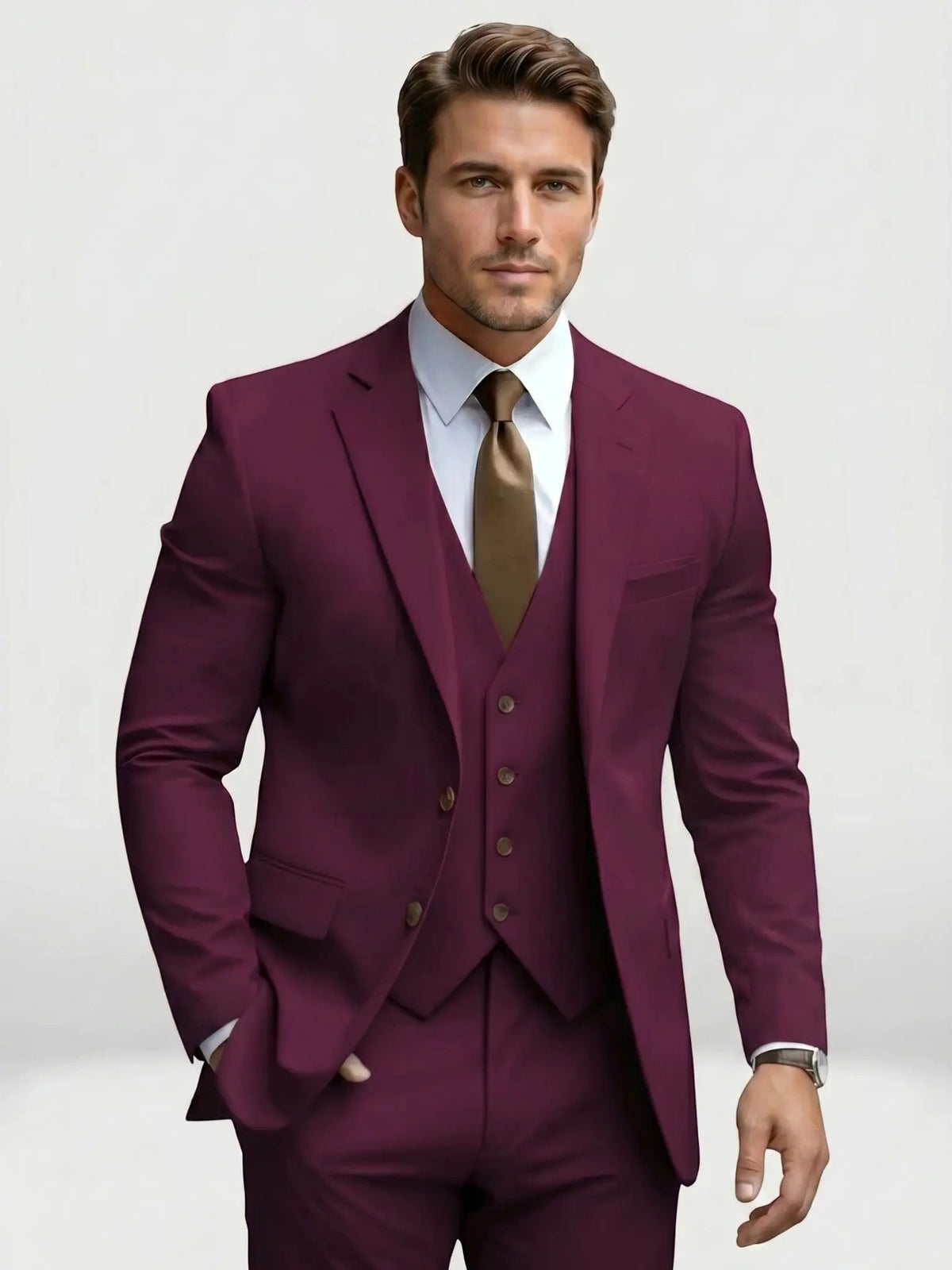 Men's Tailored Wool Blend Suit | Elegant Double-Breasted Three-Piece Formal Attire