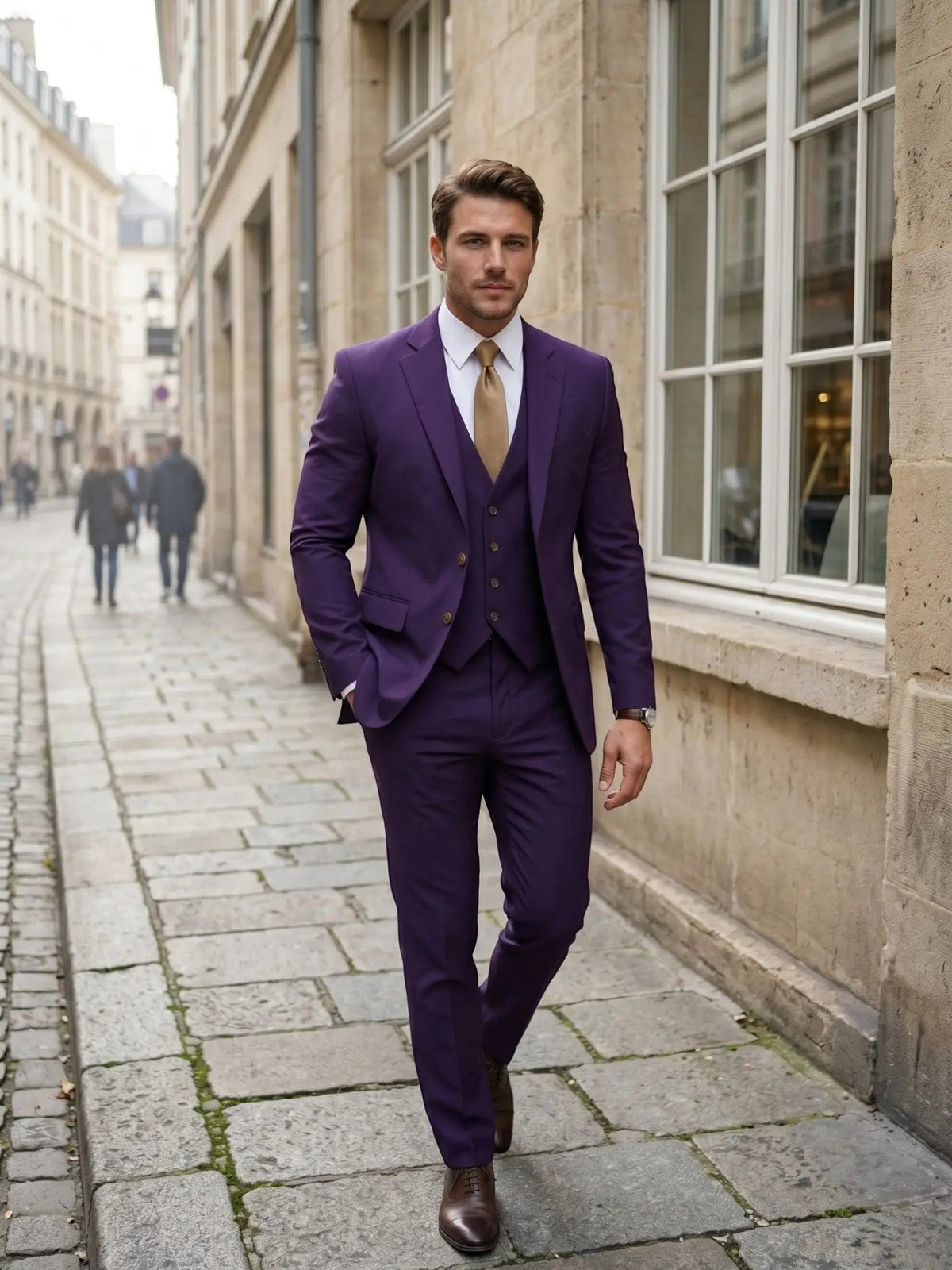 Men's Tailored Wool Blend Suit | Elegant Double-Breasted Three-Piece Formal Attire