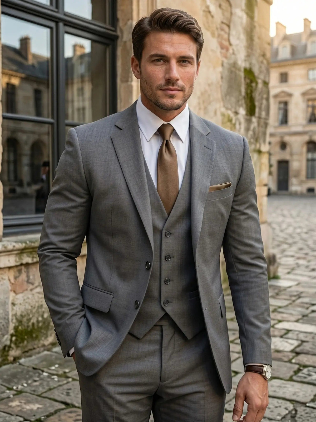 Men's Tailored Wool Blend Suit | Elegant Double-Breasted Three-Piece Formal Attire