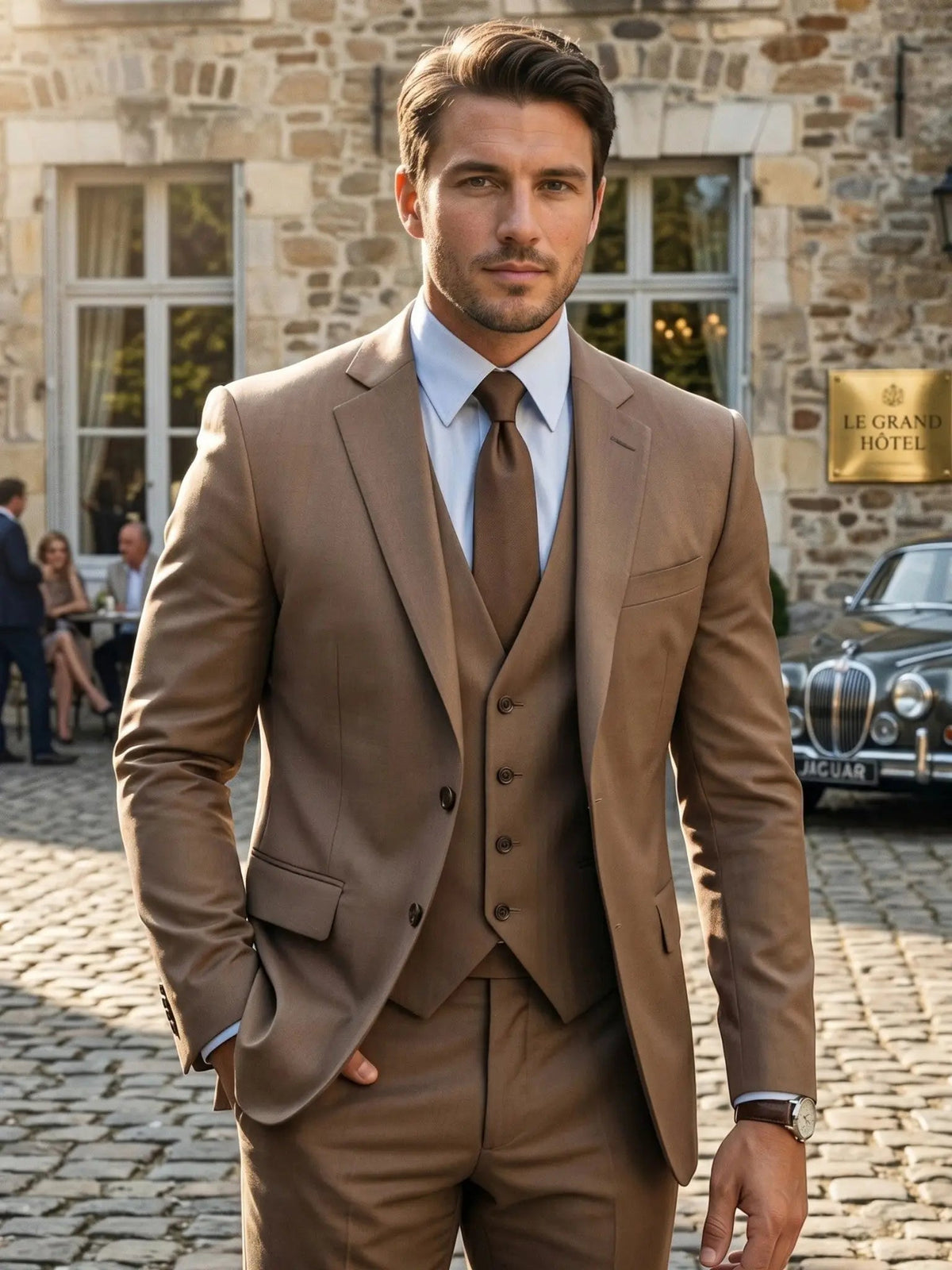 Men's Tailored Wool Blend Suit | Elegant Double-Breasted Three-Piece Formal Attire