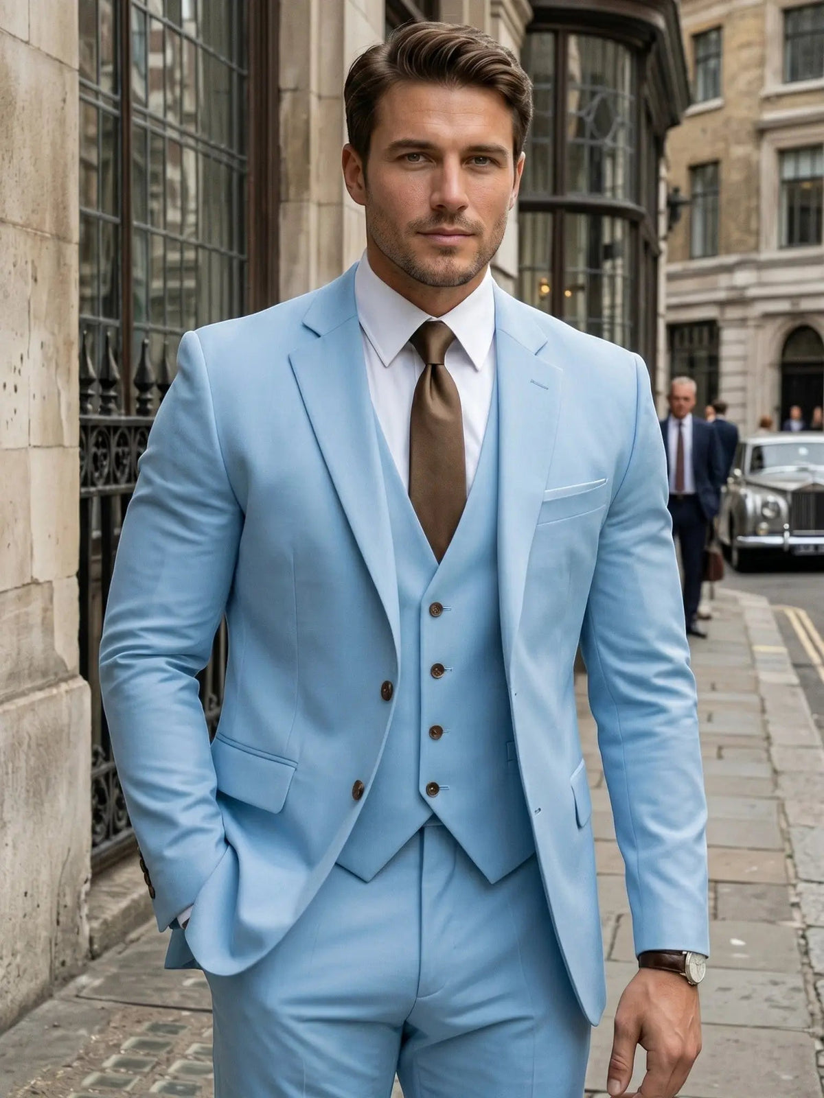 Men's Tailored Wool Blend Suit | Elegant Double-Breasted Three-Piece Formal Attire