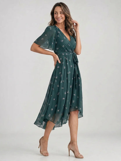Women's Floral Print Midi Dress | Elegant V-Neck Wrap Summer Dress