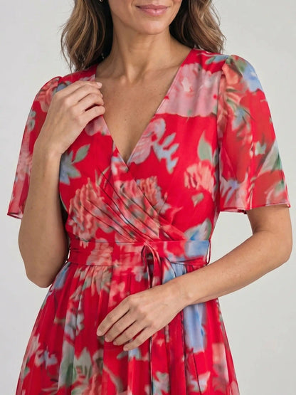 Women's Floral Print Midi Dress | Elegant V-Neck Wrap Summer Dress
