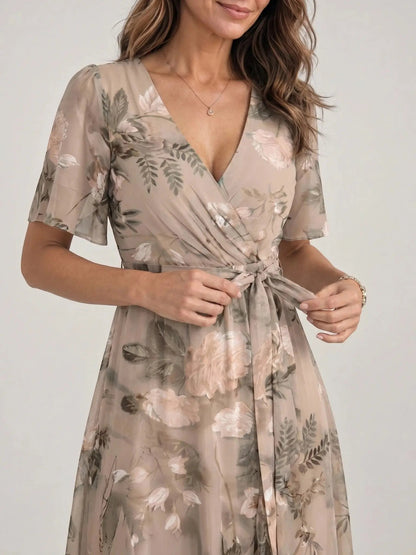 Women's Floral Print Midi Dress | Elegant V-Neck Wrap Summer Dress