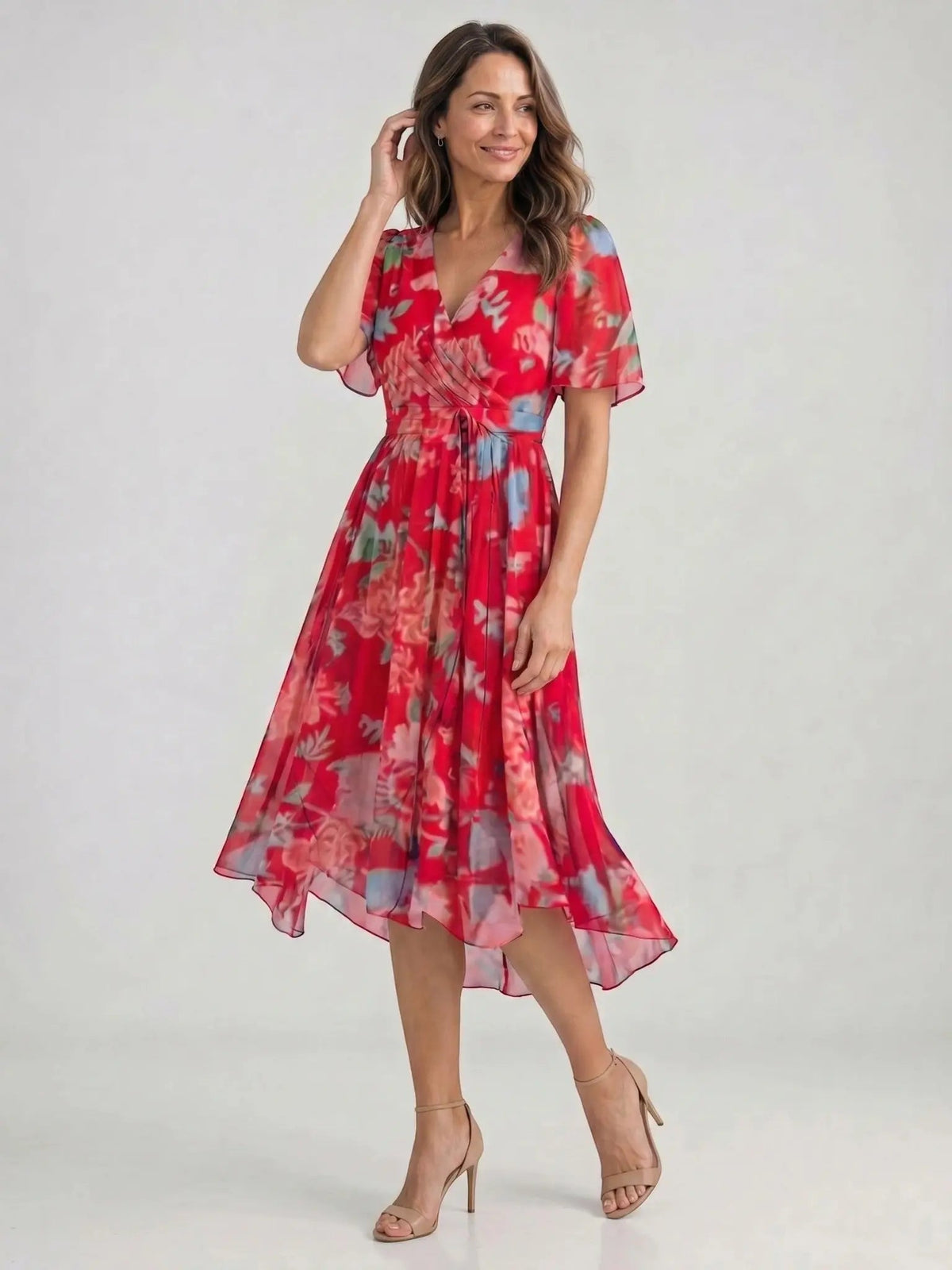 Women's Floral Print Midi Dress | Elegant V-Neck Wrap Summer Dress