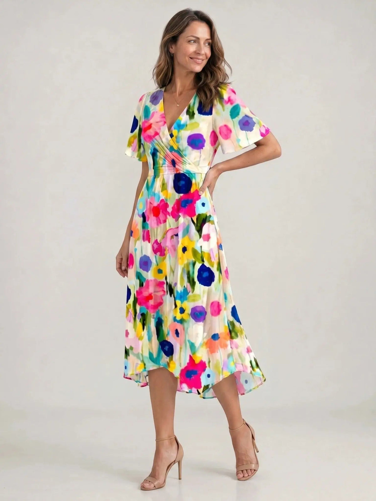 Women's Floral Print Midi Dress | Elegant V-Neck Wrap Summer Dress