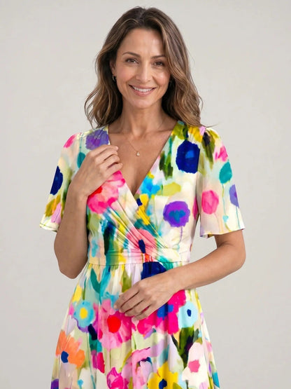 Women's Floral Print Midi Dress | Elegant V-Neck Wrap Summer Dress