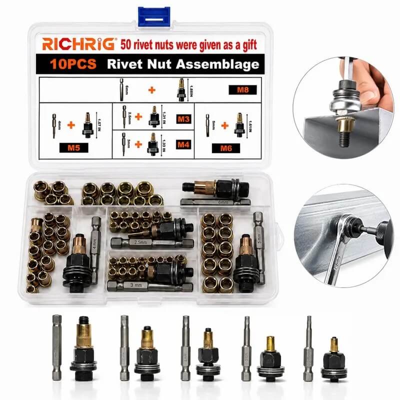 Manual Rivet Nut Tool Kit,M3 M4 M5 M6 M8 CarbonSteel Rivnuts Set,Threaded Rivet NutRiveter for AutomotiveRepair & DIY Projects