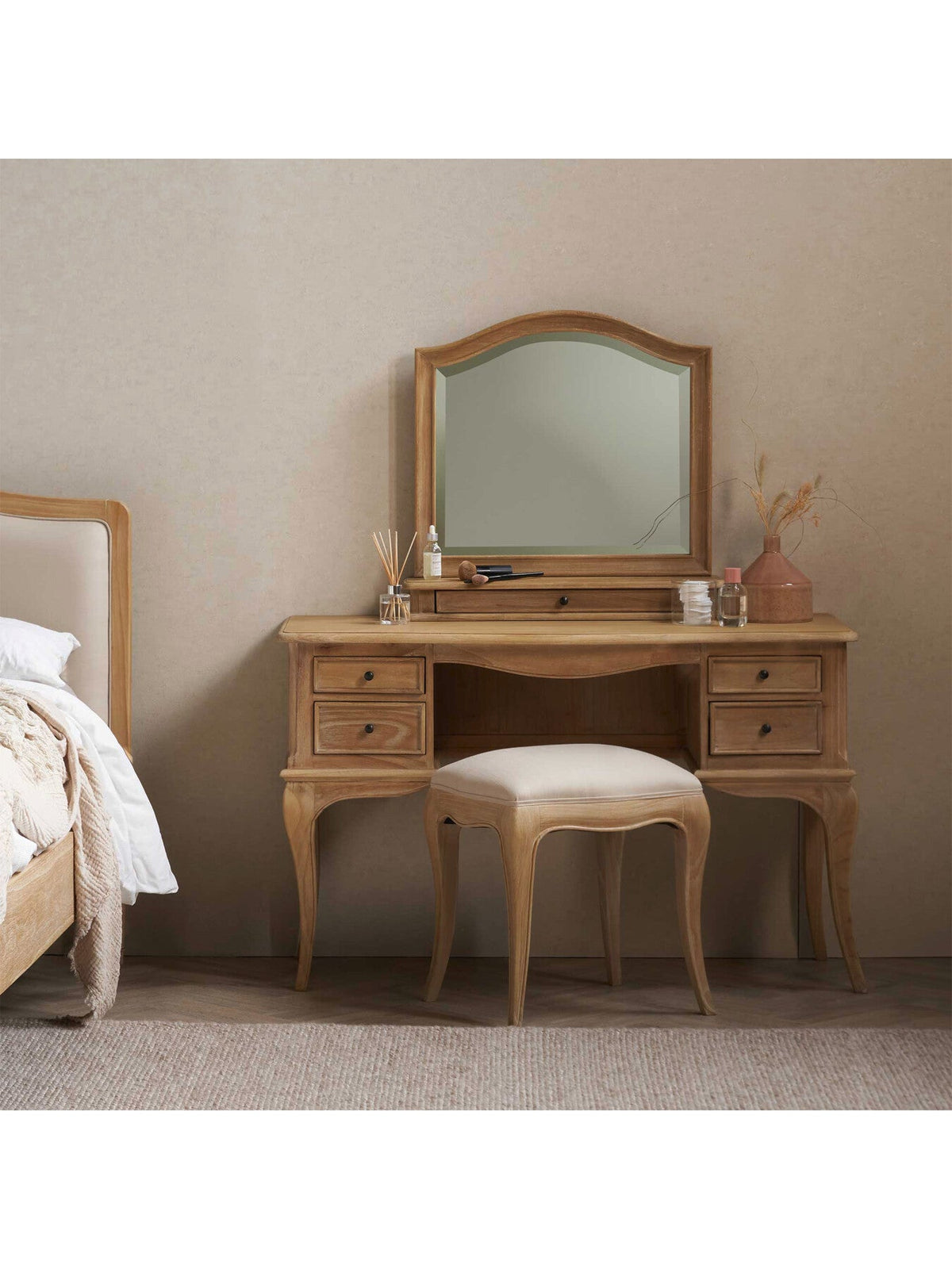 Cecile Light Wood French Style Upholstered Stool