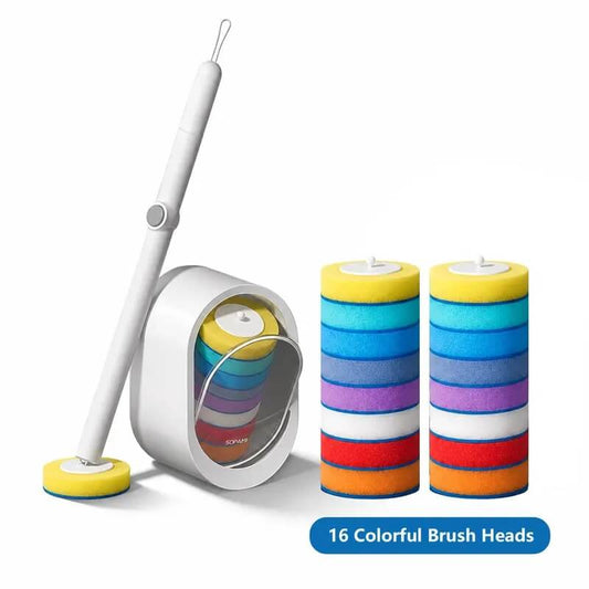Disposable ToiletScrubber Brush Kit, 1Handle + 32 Refill Heads,No-Touch RotatingScrubber with Self-Cleaning Pads, Holder forUnder-Rim & CornerCleaning