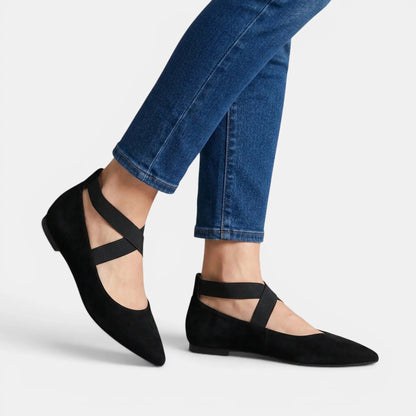 Women's Matte Black Ballet Flats | Chic Pointed Toe Ankle Strap Shoes