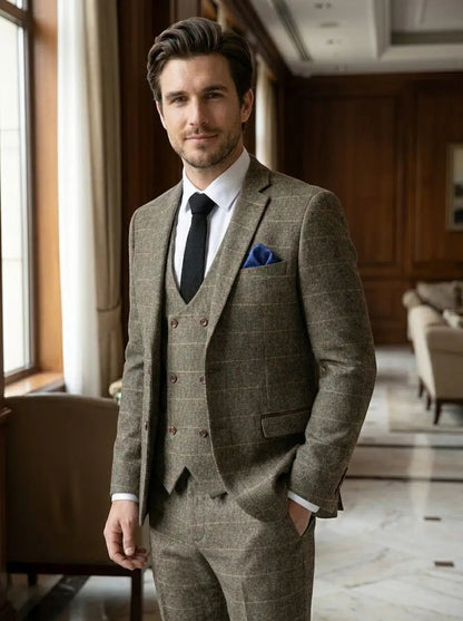 Max Men's Check Pattern Suit | 3-Piece Blazer, Vest, Trousers