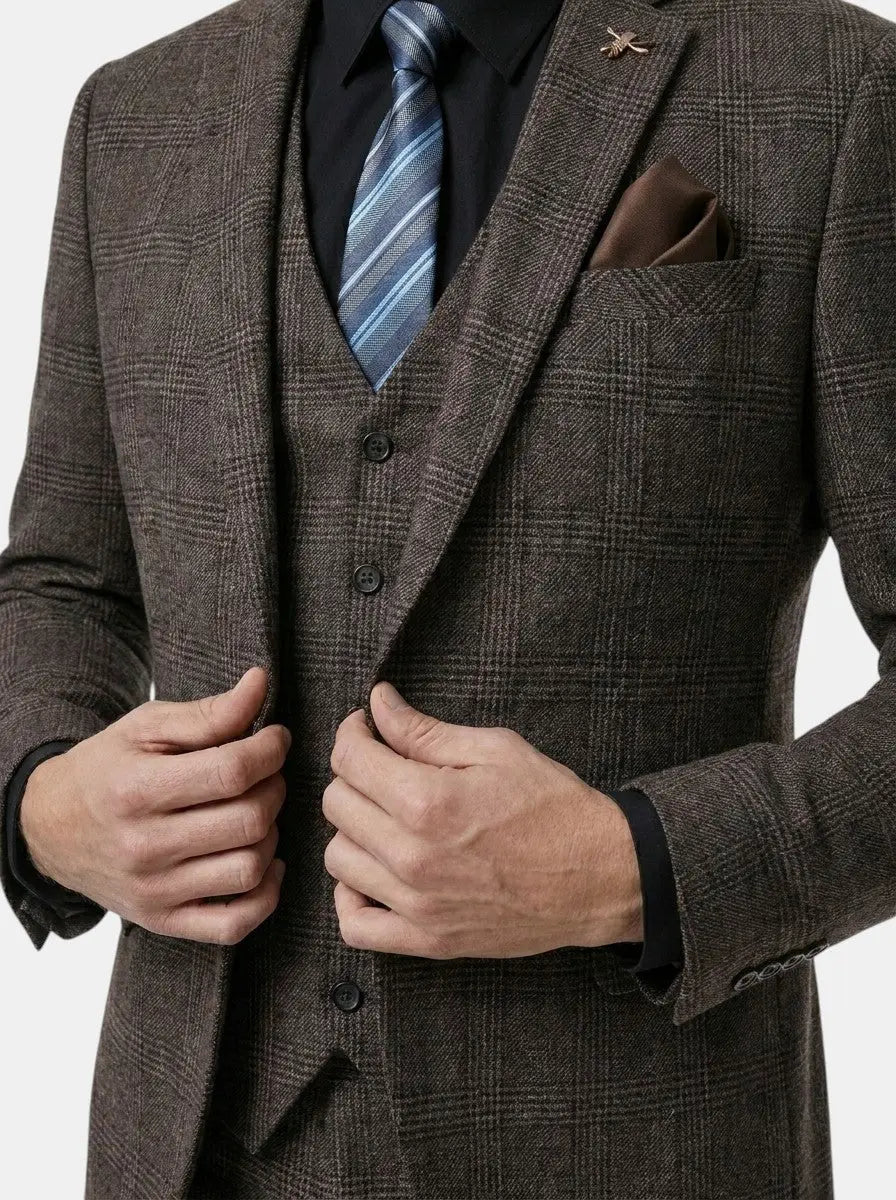 Men's Lightweight Check Pattern Three-Piece Suit | Slim Fit Formal Wedding Attire