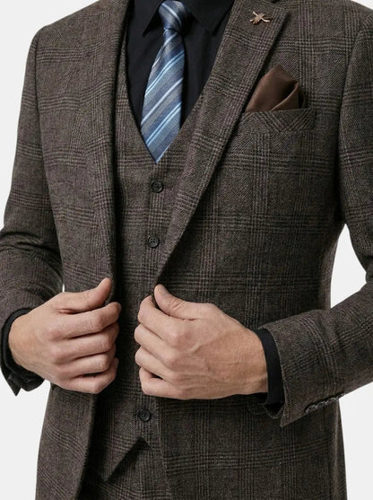 Men's Lightweight Check Pattern Three-Piece Suit | Slim Fit Formal Wedding Attire