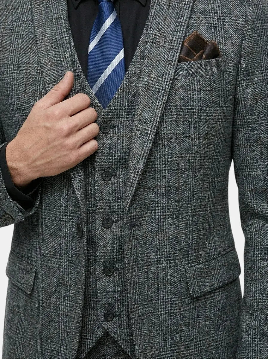 Men's Lightweight Check Pattern Three-Piece Suit | Slim Fit Formal Wedding Attire