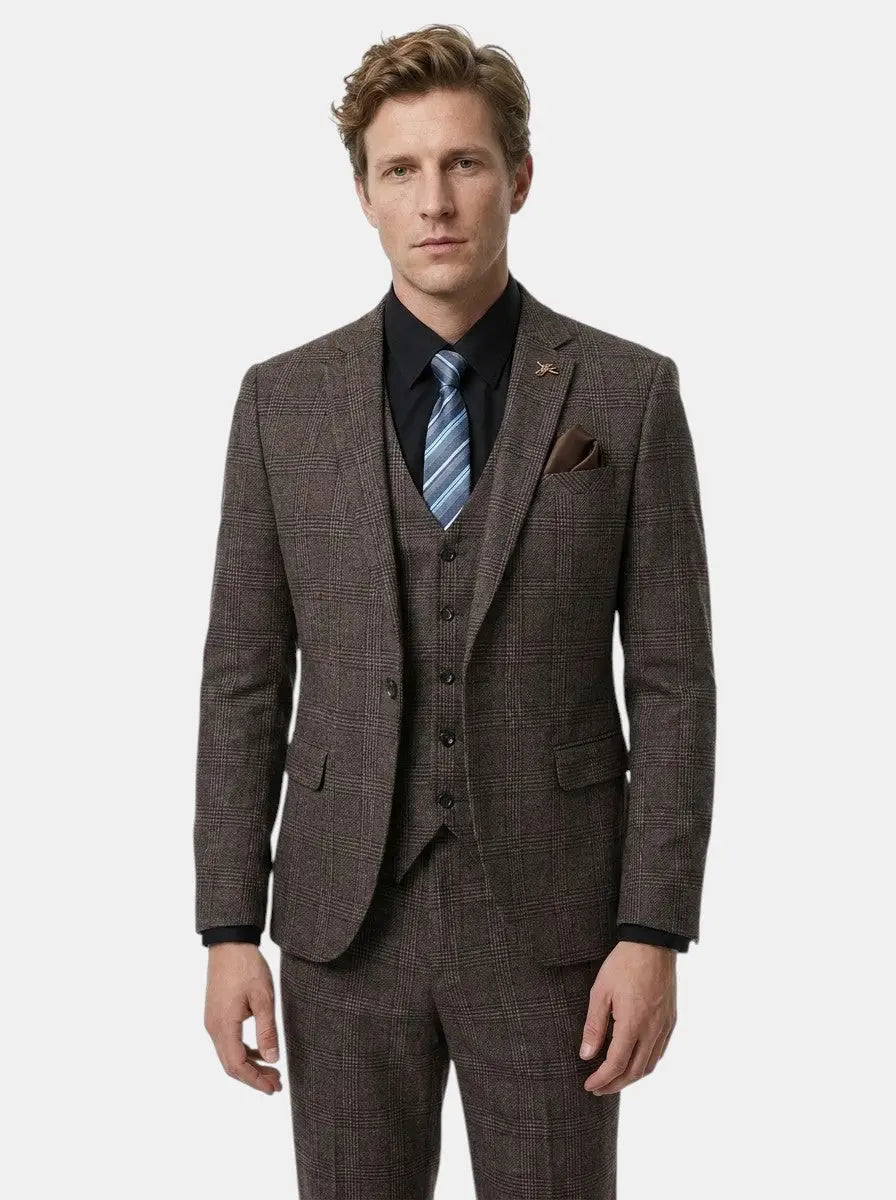 Men's Lightweight Check Pattern Three-Piece Suit | Slim Fit Formal Wedding Attire
