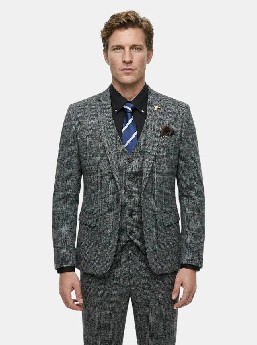 Men's Lightweight Check Pattern Three-Piece Suit | Slim Fit Formal Wedding Attire