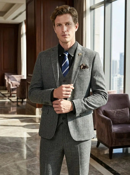 Men's Lightweight Check Pattern Three-Piece Suit | Slim Fit Formal Wedding Attire