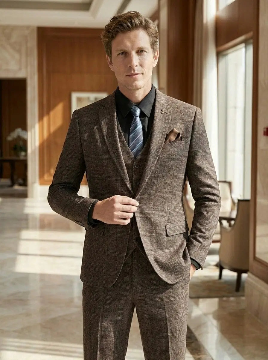 Men's Lightweight Check Pattern Three-Piece Suit | Slim Fit Formal Wedding Attire