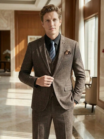 Men's Lightweight Check Pattern Three-Piece Suit | Slim Fit Formal Wedding Attire
