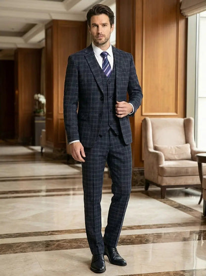 Men's Lightweight Checkered Three-Piece Suit | Elegant Slim-Fit Wedding Attire