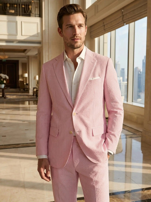 Men's Lightweight Pinstripe Summer Suit | Stylish Slim Fit Two-Piece Outfit
