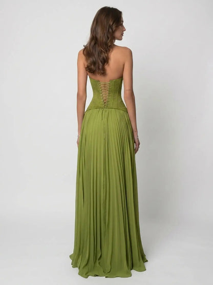 Women's Elegant Draped Pleated Maxi Dress | Structured Corset Style Evening Gown