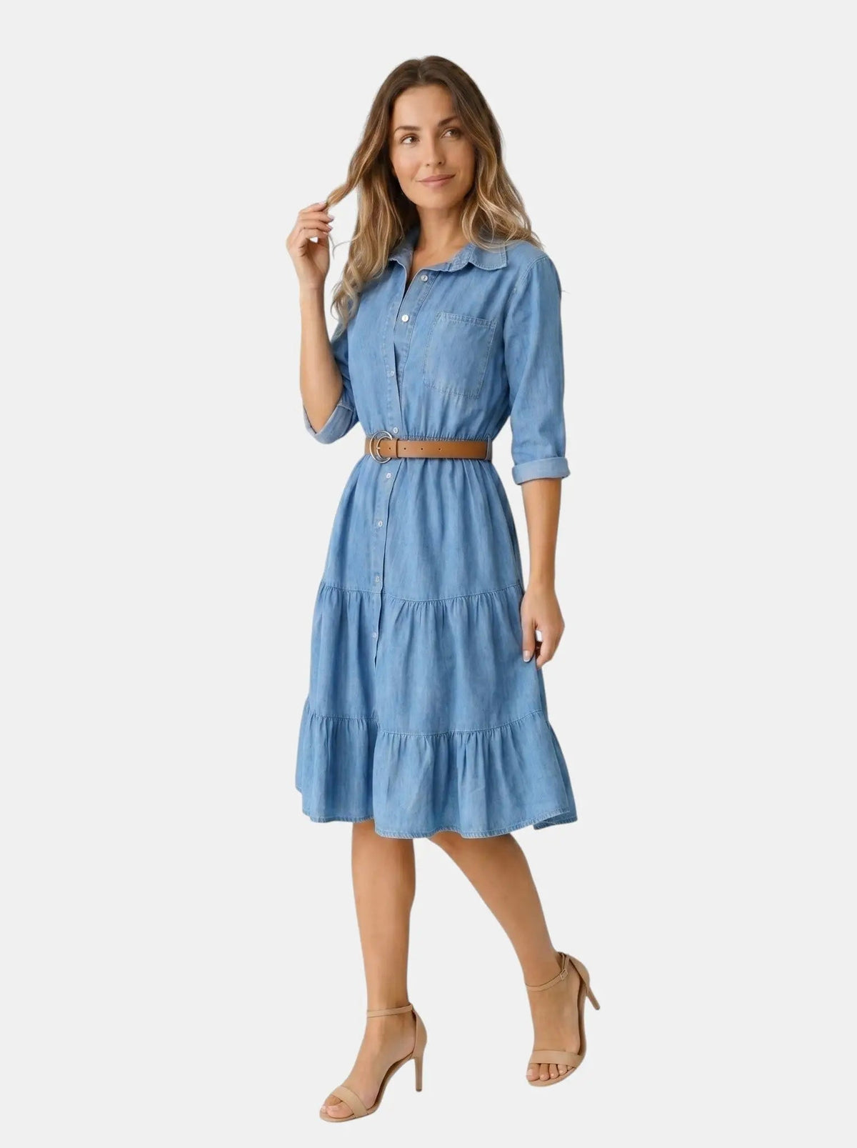 Women's Stylish Denim Midi Dress | Chic Tiered Summer Outfit