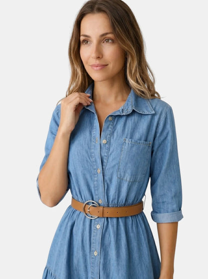 Women's Stylish Denim Midi Dress | Chic Tiered Summer Outfit
