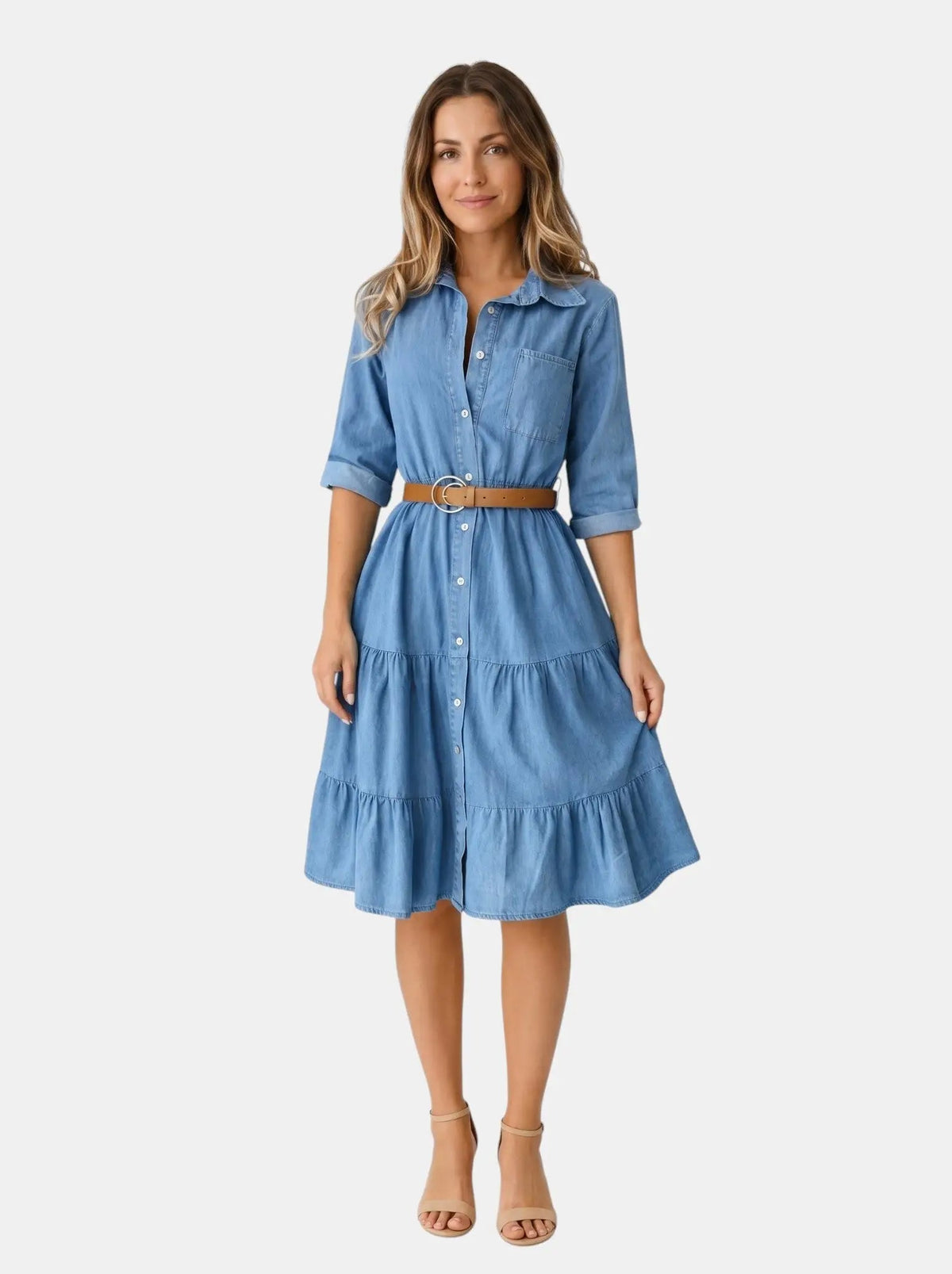 Women's Stylish Denim Midi Dress | Chic Tiered Summer Outfit