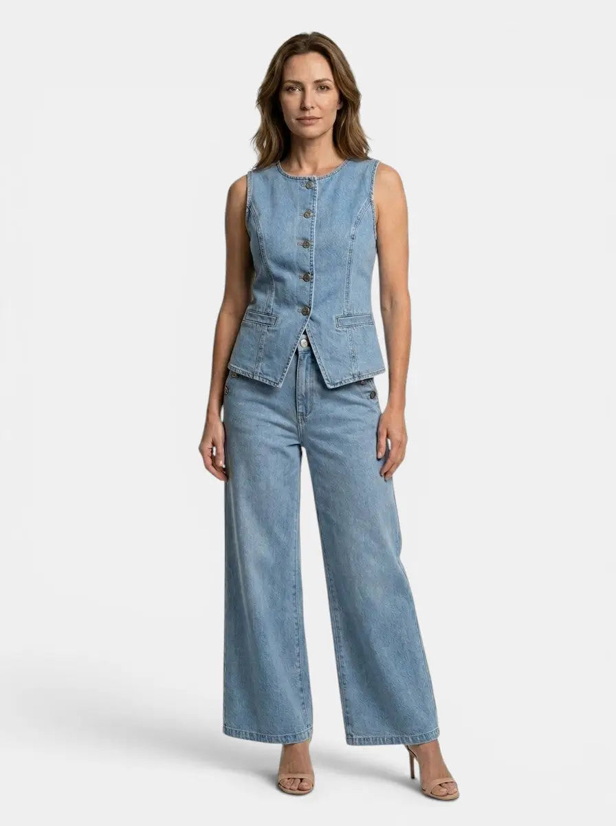 Women's Denim Co Ord Set | Tailored Waistcoat and Wide-Leg Trousers
