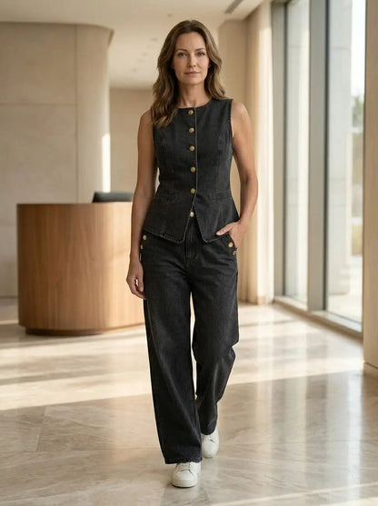 Women's Denim Co Ord Set | Tailored Waistcoat and Wide-Leg Trousers