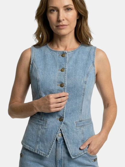 Women's Denim Co Ord Set | Tailored Waistcoat and Wide-Leg Trousers