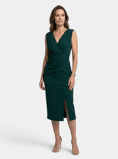 Women's Elegant Pleated Midi Dress | Sculpted Formal Evening Gown