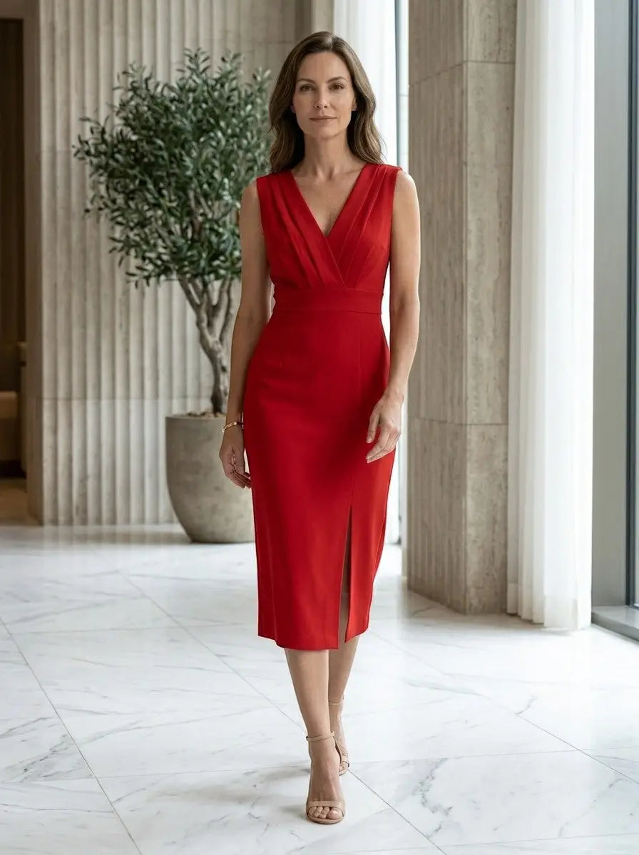 Women's Elegant Pleated Midi Dress | Sculpted Formal Evening Gown