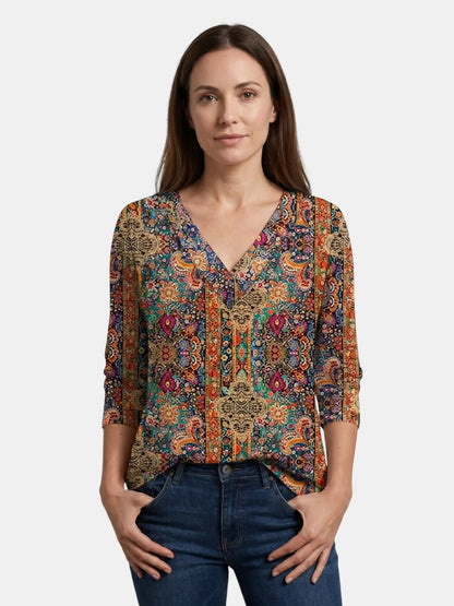 Women's Flowy Viscose Blouse | Bohemian V-Neck Summer Top with 3/4 Sleeves