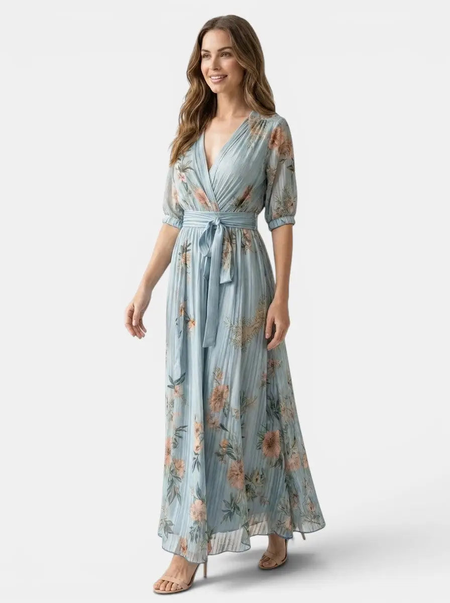 Women's Lightweight Fabric Midi Dress | Flowing V-Neck Summer Style
