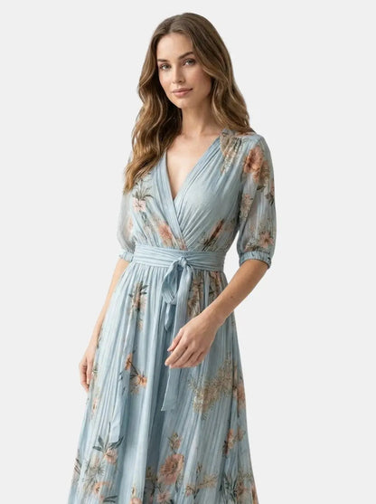 Women's Lightweight Fabric Midi Dress | Flowing V-Neck Summer Style