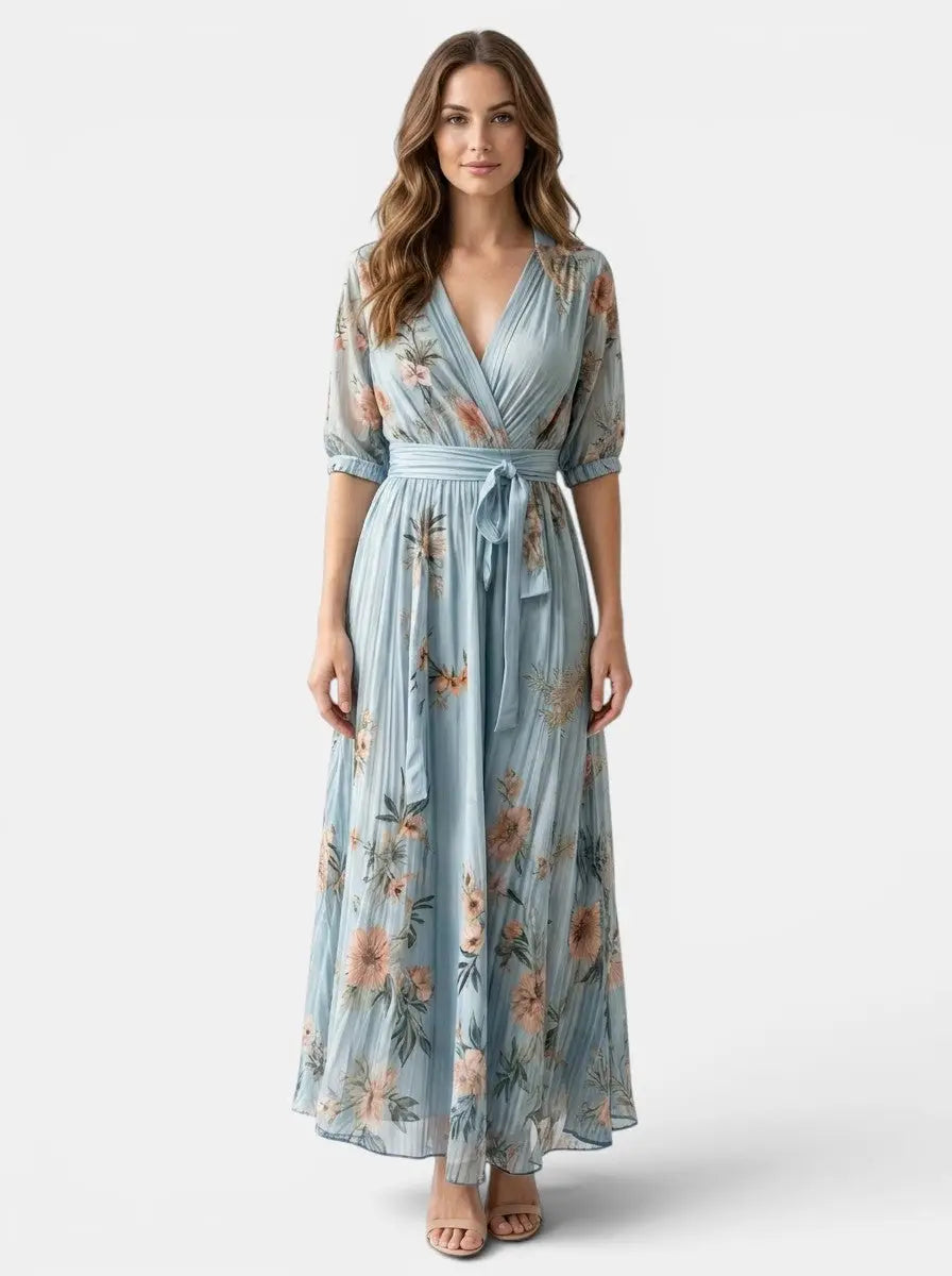 Women's Lightweight Fabric Midi Dress | Flowing V-Neck Summer Style