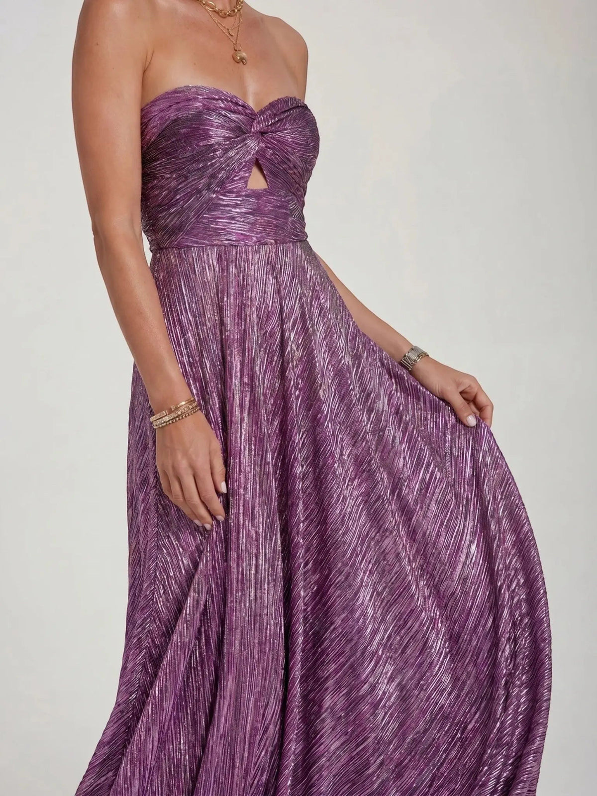 Women's Shiny Fabric Maxi Dress | Elegant Strapless Pleated Evening Gown
