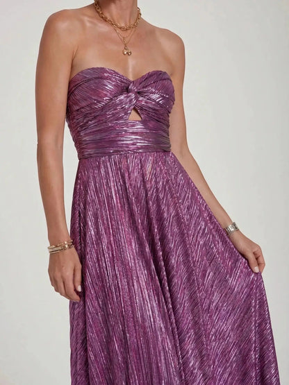 Women's Shiny Fabric Maxi Dress | Elegant Strapless Pleated Evening Gown