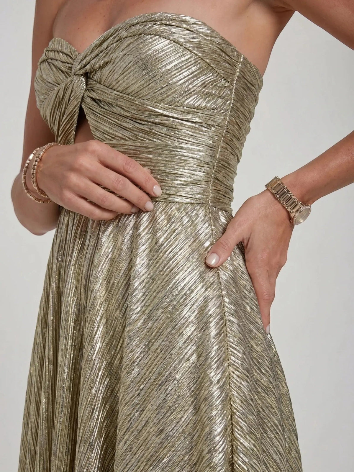 Women's Shiny Fabric Maxi Dress | Elegant Strapless Pleated Evening Gown