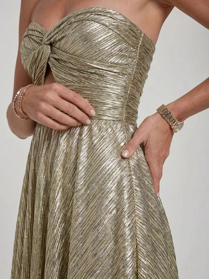 Women's Shiny Fabric Maxi Dress | Elegant Strapless Pleated Evening Gown