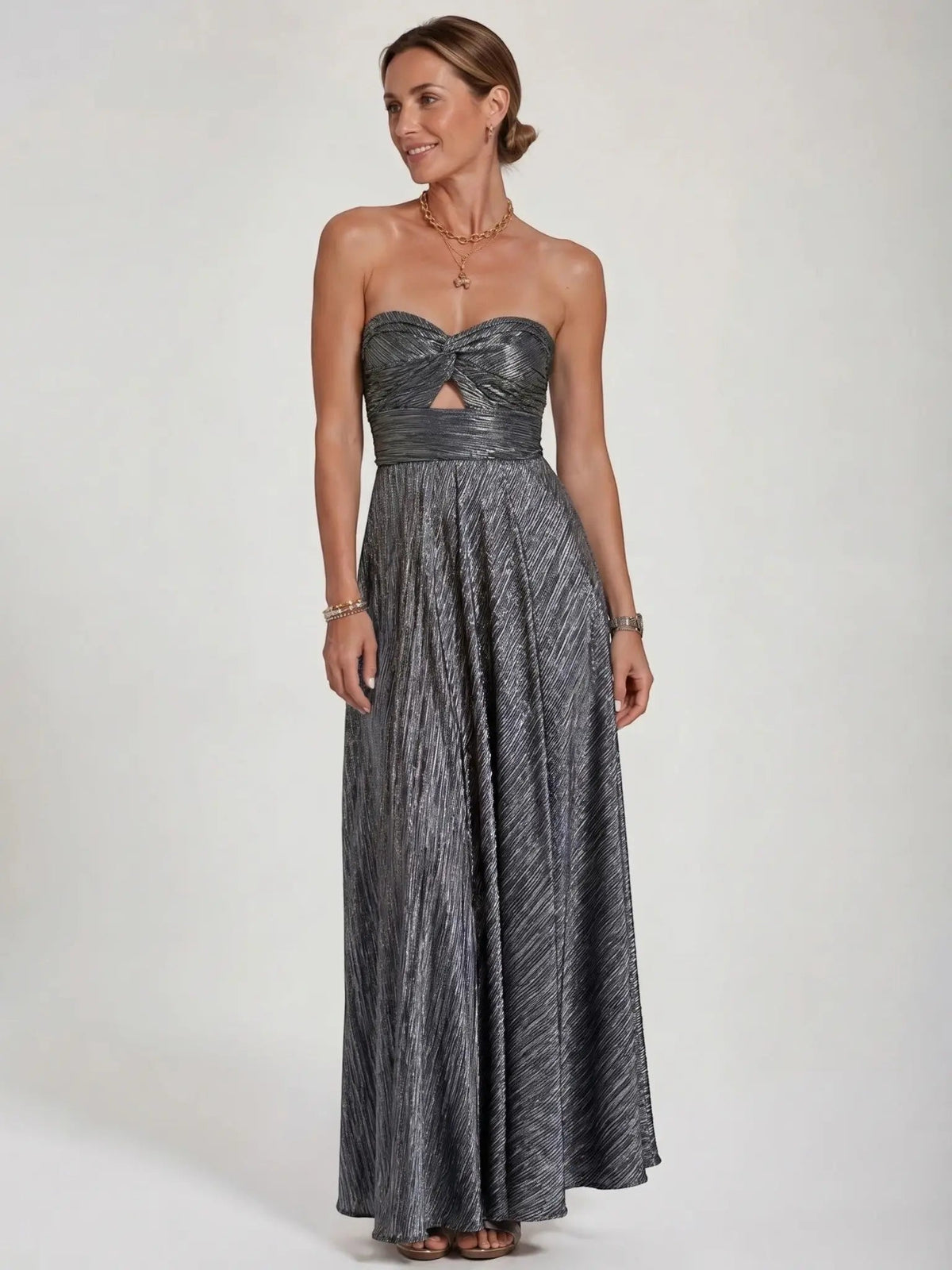 Women's Shiny Fabric Maxi Dress | Elegant Strapless Pleated Evening Gown