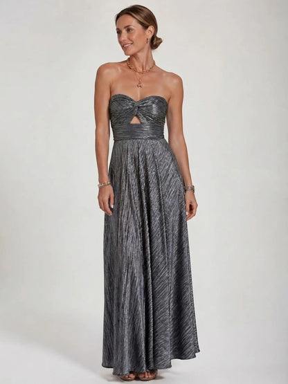 Women's Shiny Fabric Maxi Dress | Elegant Strapless Pleated Evening Gown