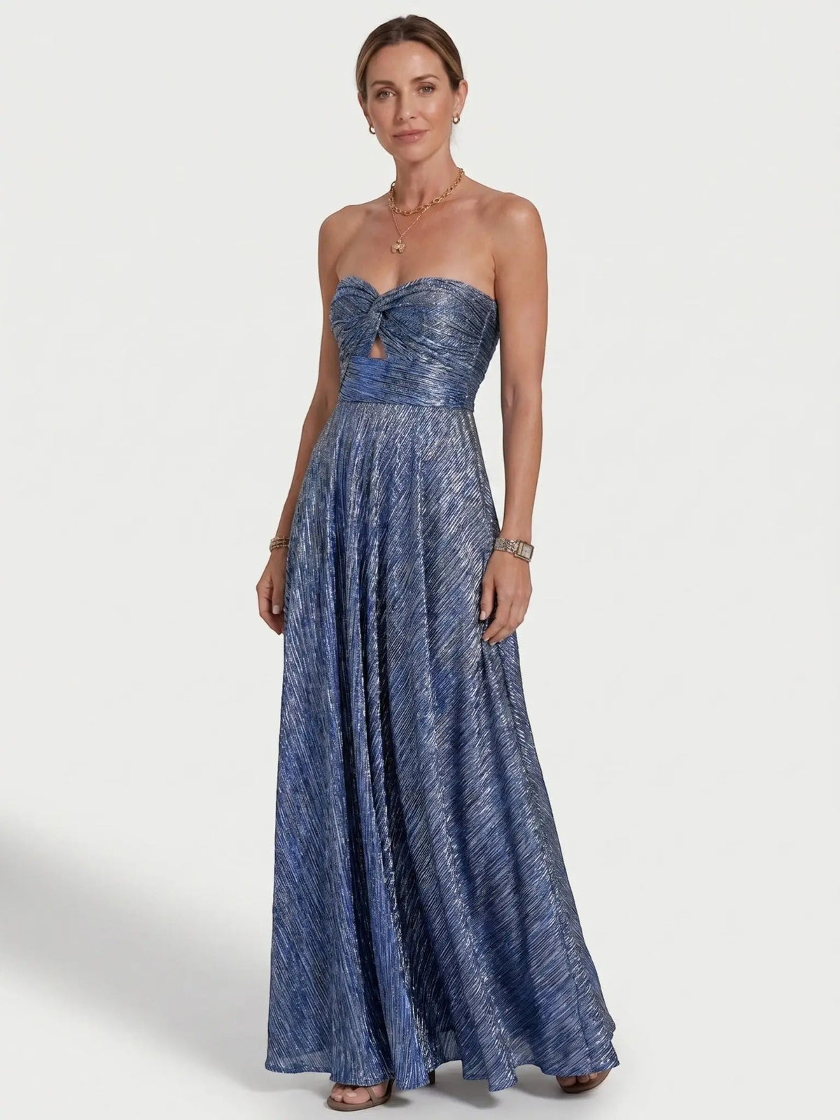 Women's Shiny Fabric Maxi Dress | Elegant Strapless Pleated Evening Gown