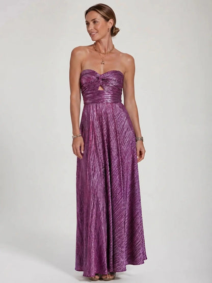 Women's Shiny Fabric Maxi Dress | Elegant Strapless Pleated Evening Gown