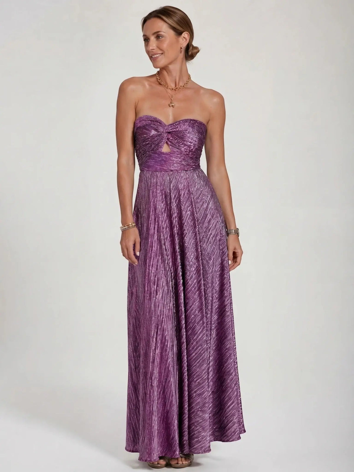 Women's Shiny Fabric Maxi Dress | Elegant Strapless Pleated Evening Gown